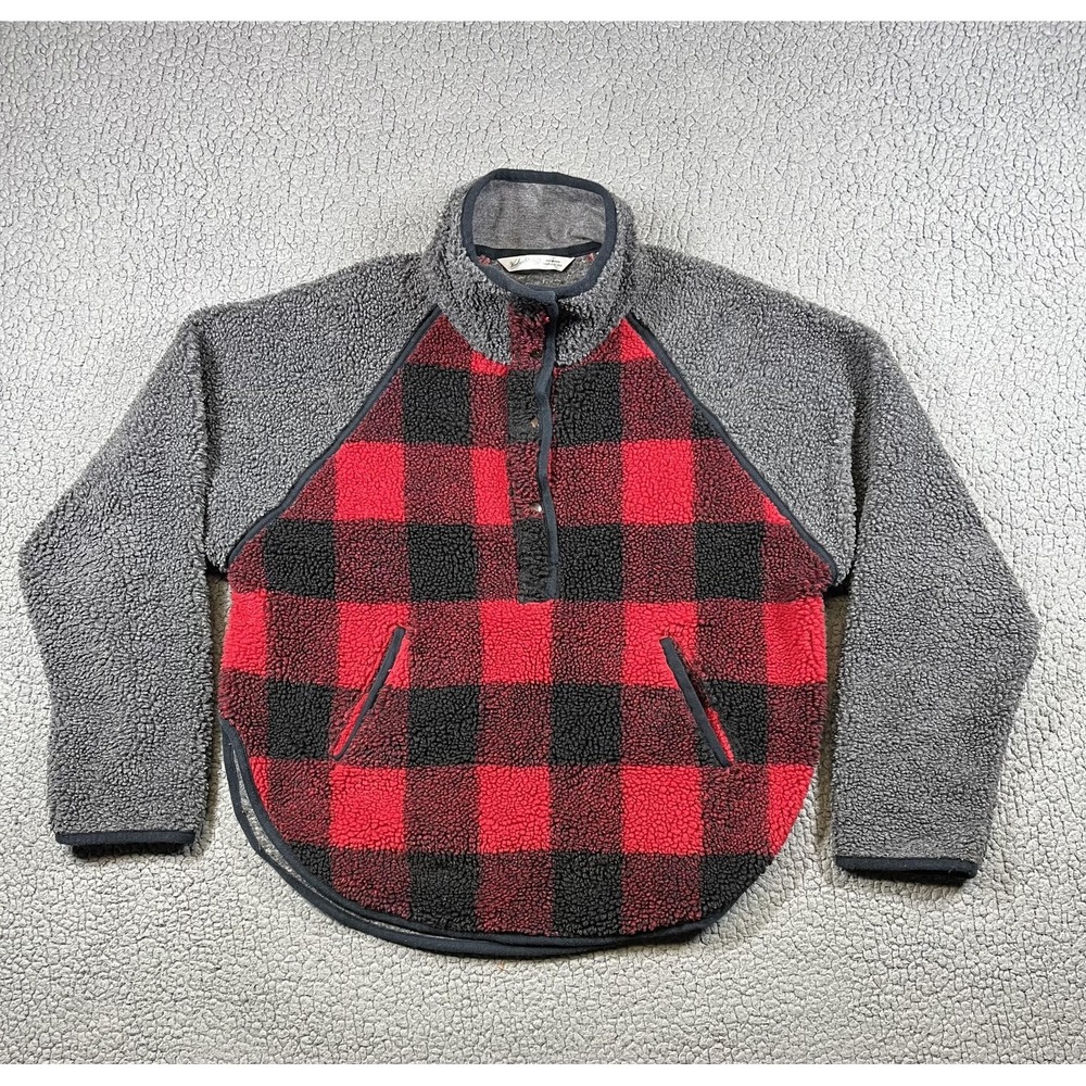 Woolrich Jacket Womens XS Red Black Buffalo Plaid Sherpa Fleece Snap‎ Pullover